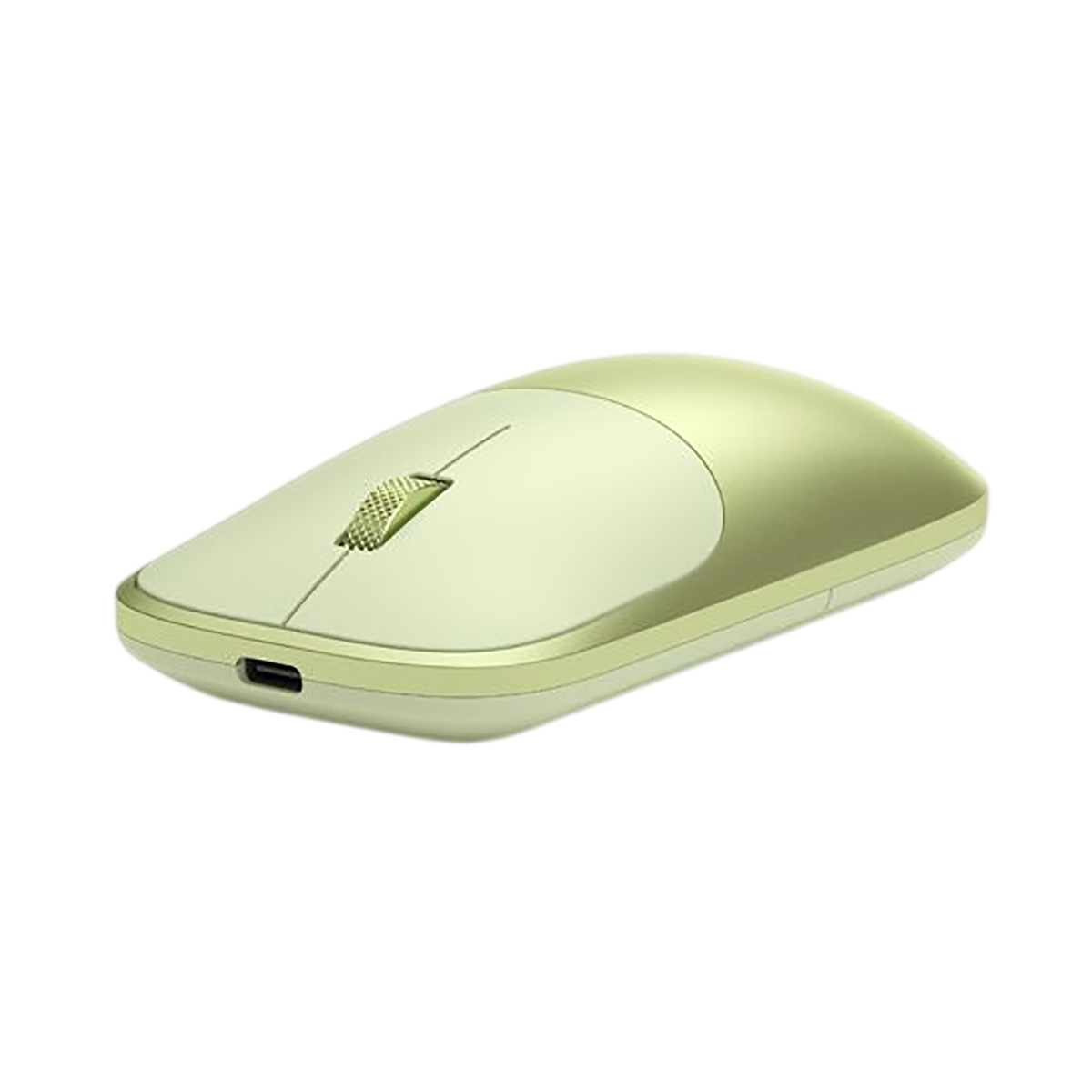 Un ratón de ordenador inalámbrico verde claro con una rueda de desplazamiento y puerto USB-C en fondo blanco.