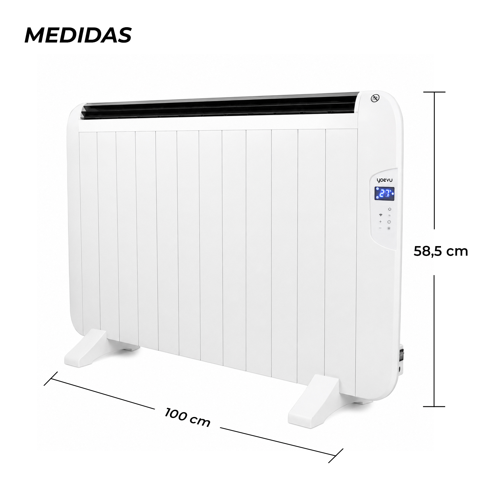 Radiador eléctrico blanco con dimensiones de 100 cm de ancho y 58,5 cm de alto sobre pies de apoyo blancos.