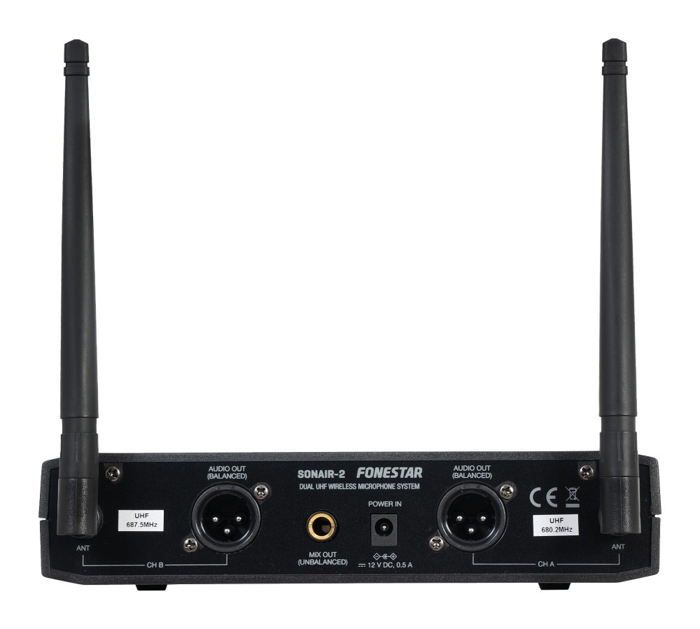 Tylny panel odbiornika mikrofonowego Fonestar Sonair-2 z dwiema antenami, wyjściami XLR i zasilaniem.