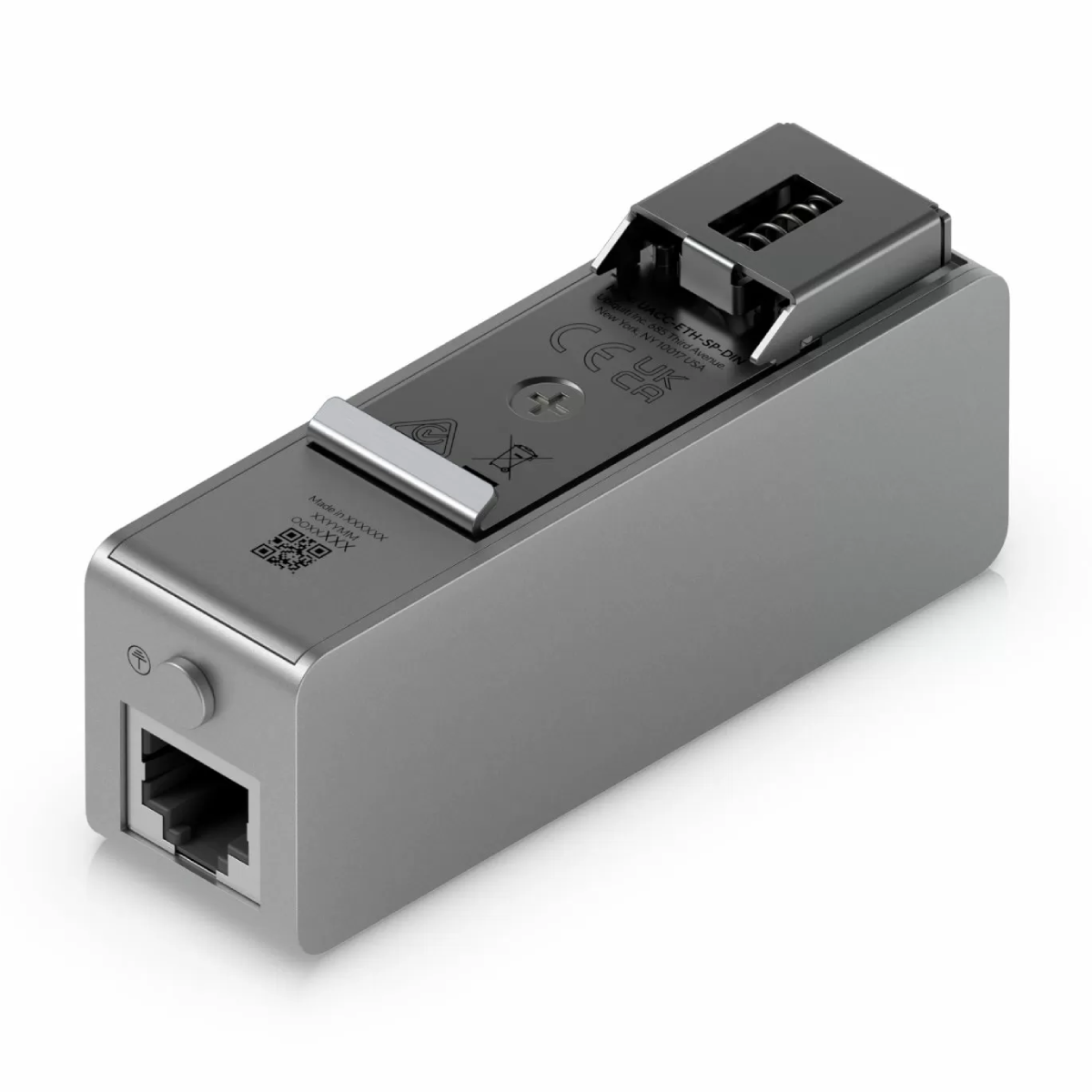Szary, podłużny ogranicznik przepięć Ethernet z portem RJ45 i oznaczeniami tekstowymi na górze.