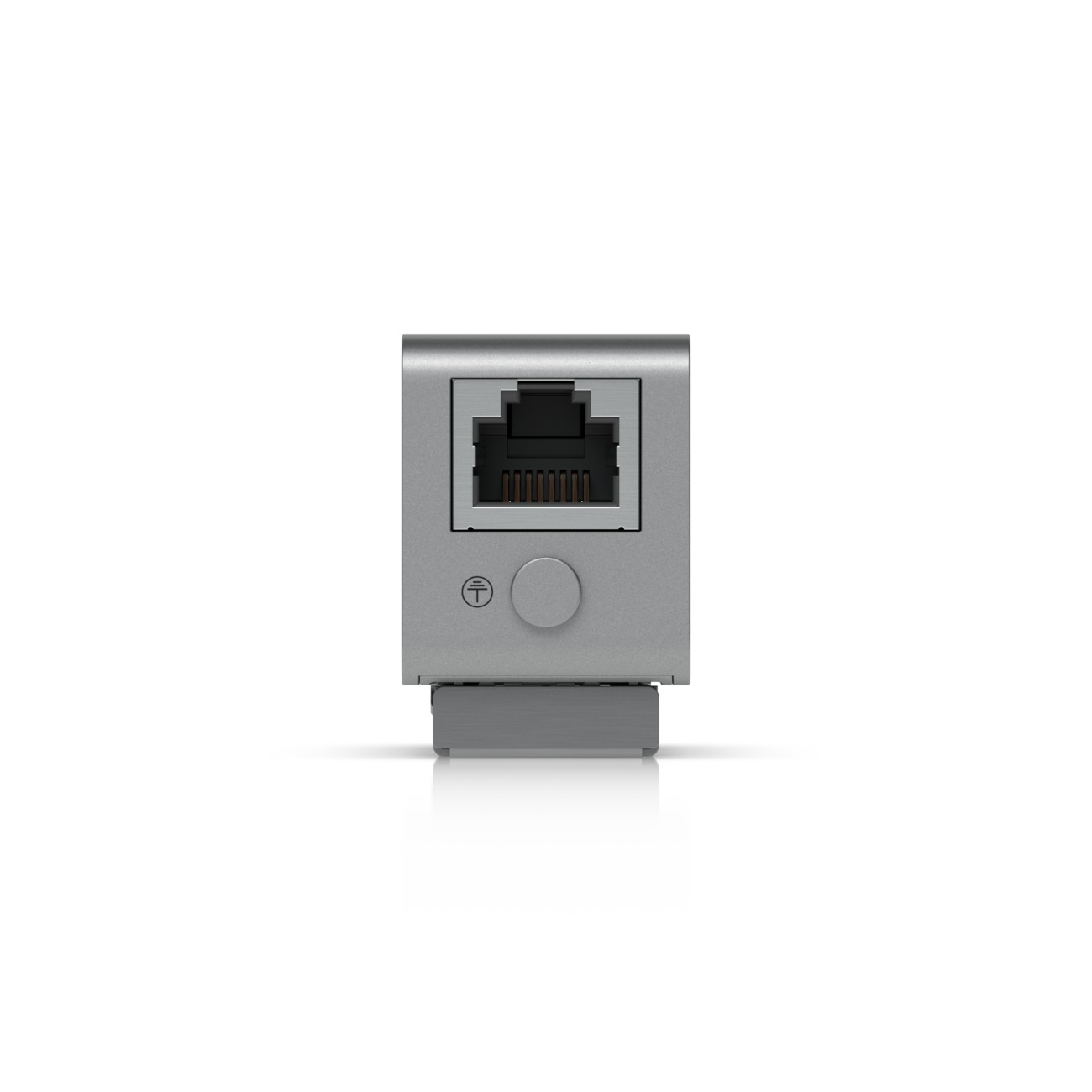 Szary adapter sieciowy z portem Ethernet i symbolem uziemienia z przodu.