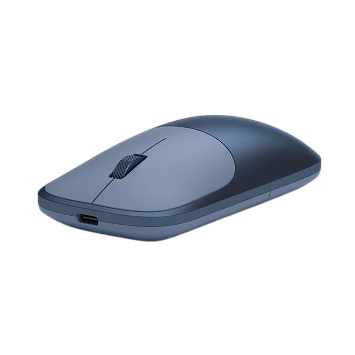 Eine matte, dunkelblaue kabellose Computermaus mit Scrollrad und USB-C-Anschluss auf weißem Hintergrund.