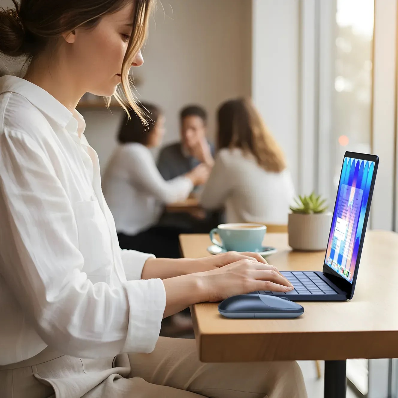 Eine Frau tippt an einem Tisch auf einen Laptop, mit Maus, Kaffeetasse und verschwommenen Personen im Hintergrund.