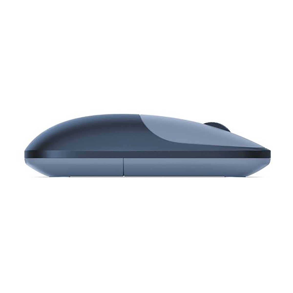 Eine graue und schwarze kabellose Computermaus in Seitenansicht vor weißem Hintergrund.