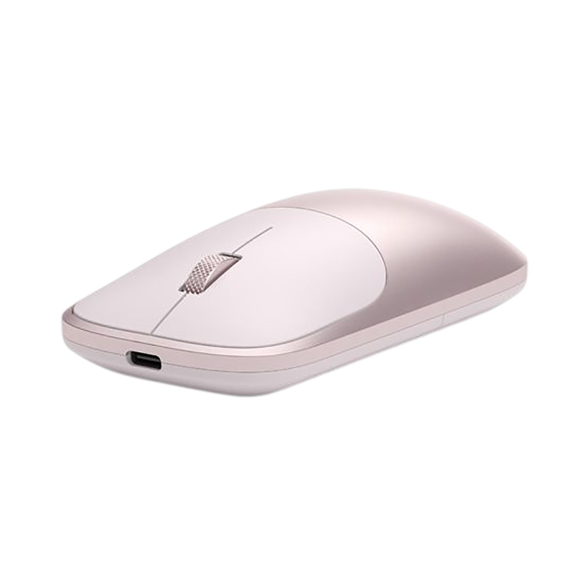Eine elegante, roségoldene und weiße kabellose Computermaus mit Scrollrad und USB-C-Anschluss auf weißem Hintergrund.