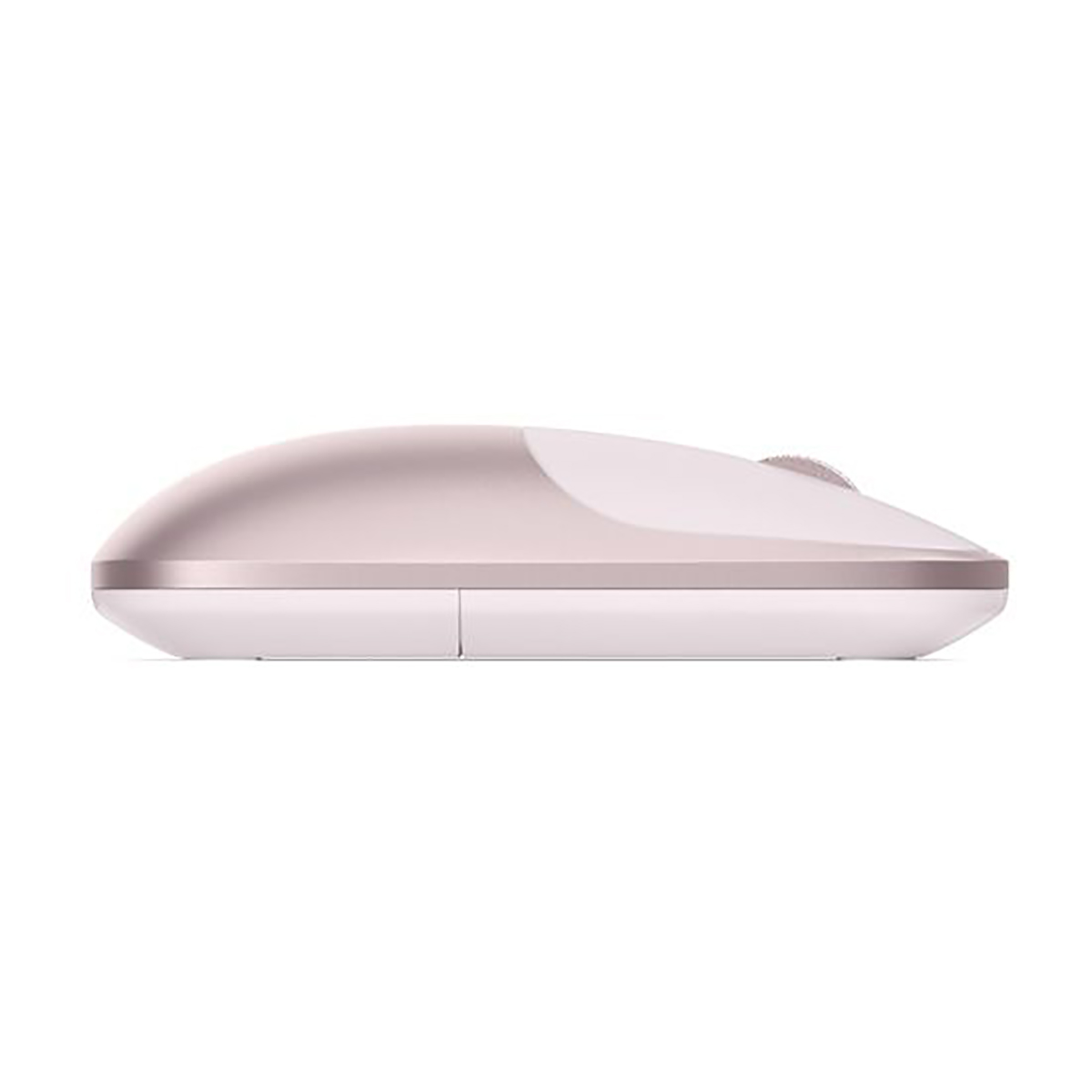Seitenansicht einer modernen, rosa und weißen Computermaus auf weißem Hintergrund.