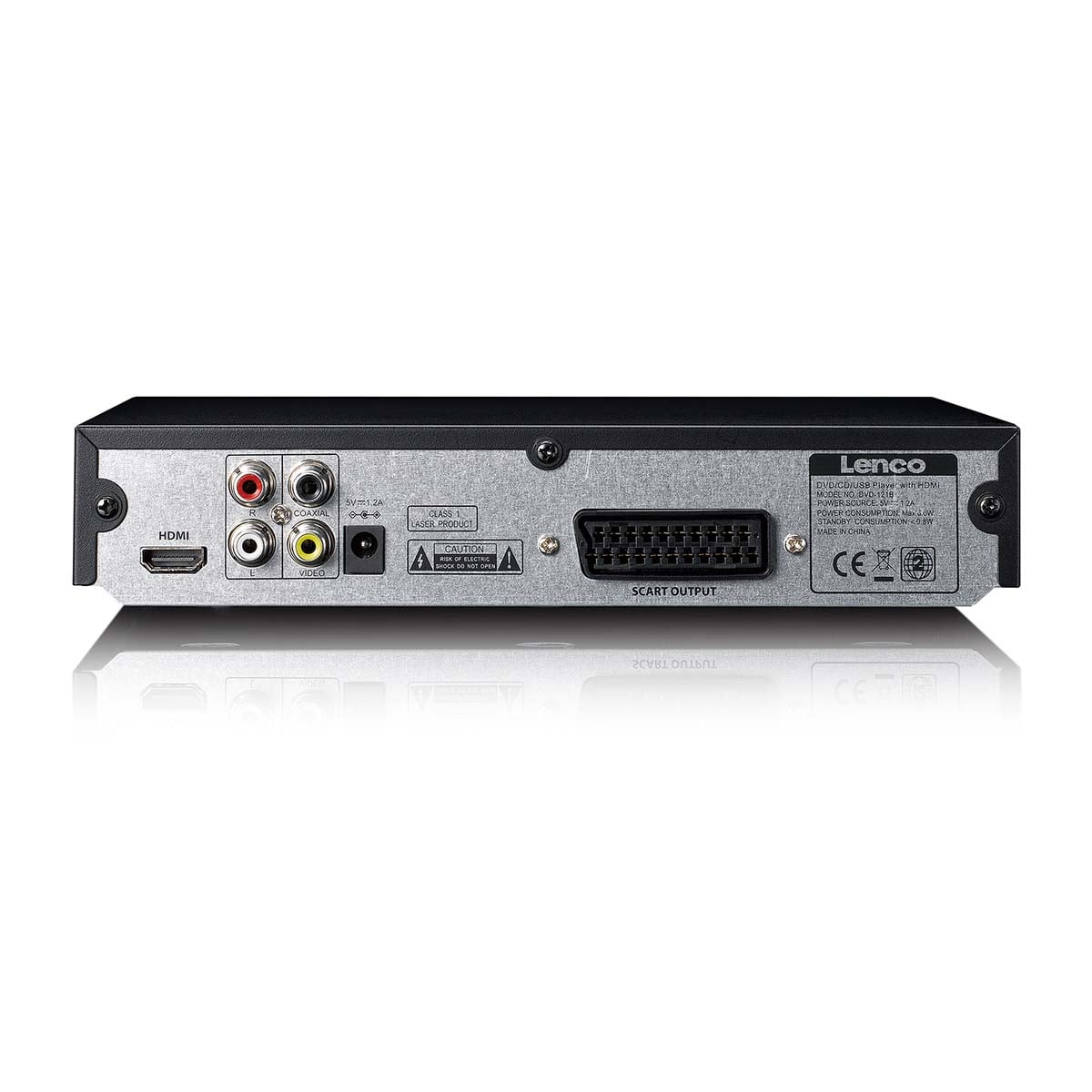 Rückseite des Lenco DVD-Players mit HDMI-, Cinch-, Koaxial- und SCART-Anschlüssen auf Metallblende.