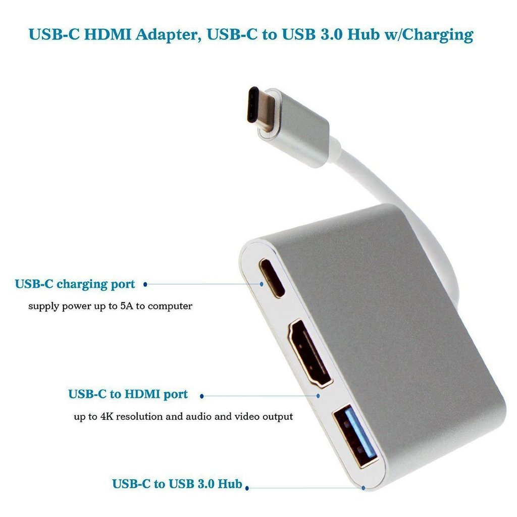 Egy ezüst színű USB-C elosztó HDMI-vel, USB-C töltőporttal és USB 3.0 porttal fehér háttér előtt.