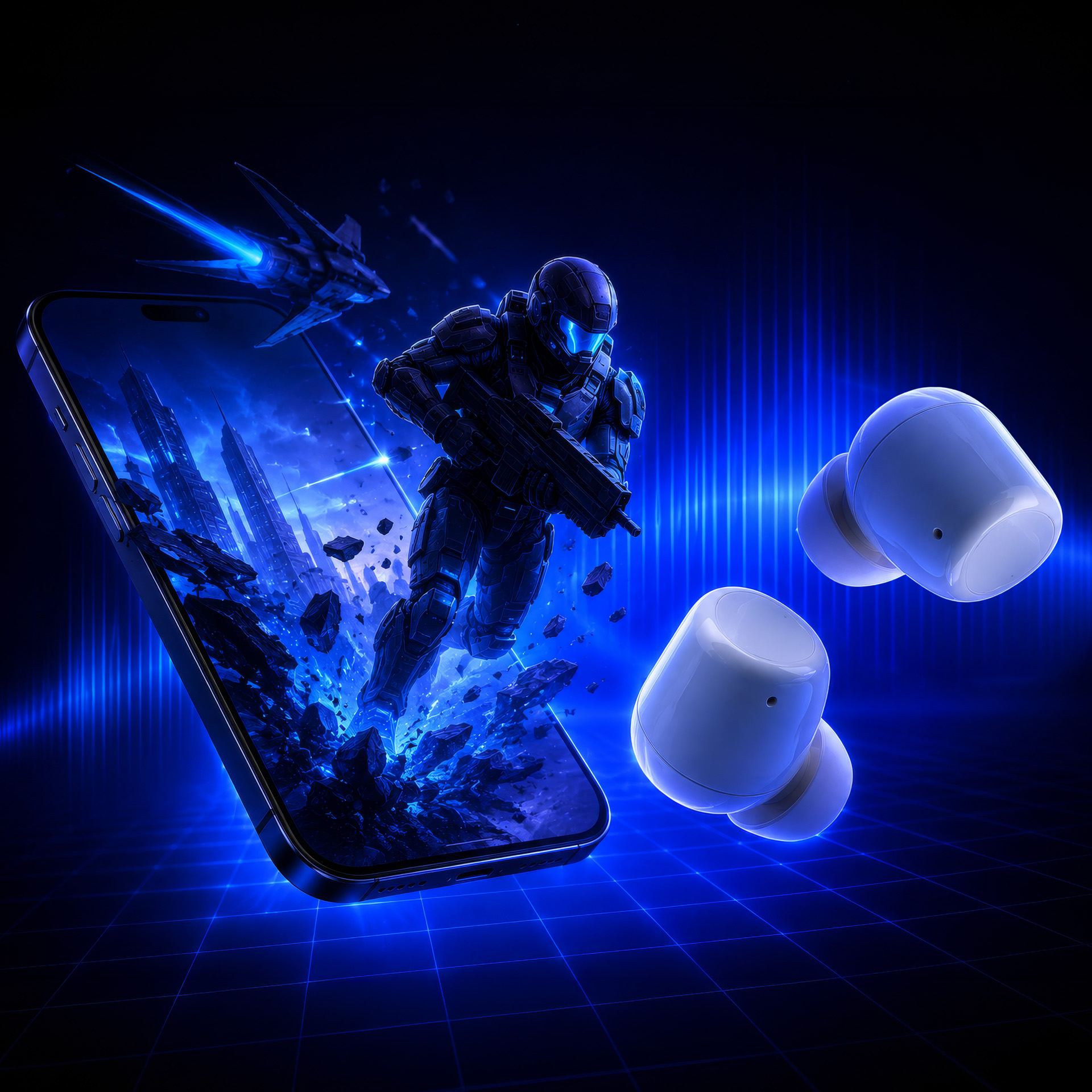 Smartfon z żołnierzem sci-fi na ekranie, dwa białe słuchawki unoszące się w niebieskim świetle.