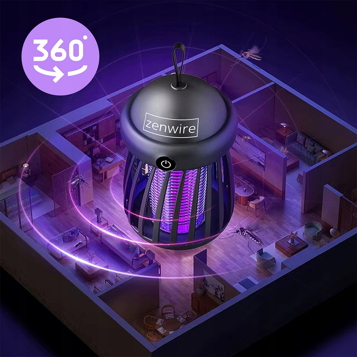 Czarna lampa owadobójcza wisi nad widokiem 360 stopni na wnętrze nowoczesnego domu z fioletowymi falami światła.