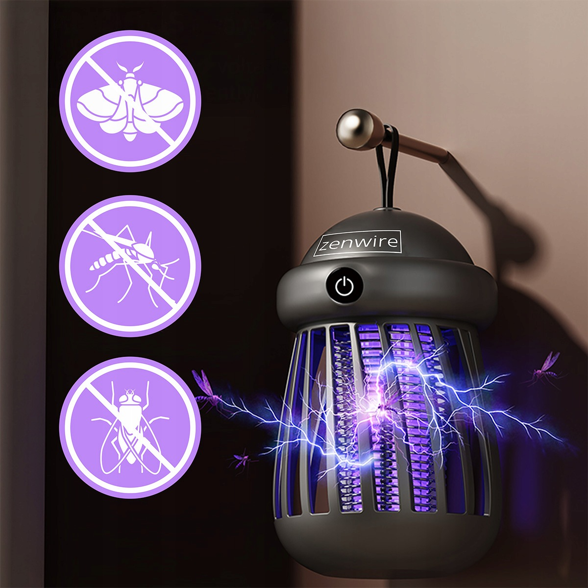 Czarna lampa owadobójcza Zenwire wisi na ścianie, pokazując elektryczne iskry odstraszające owady.