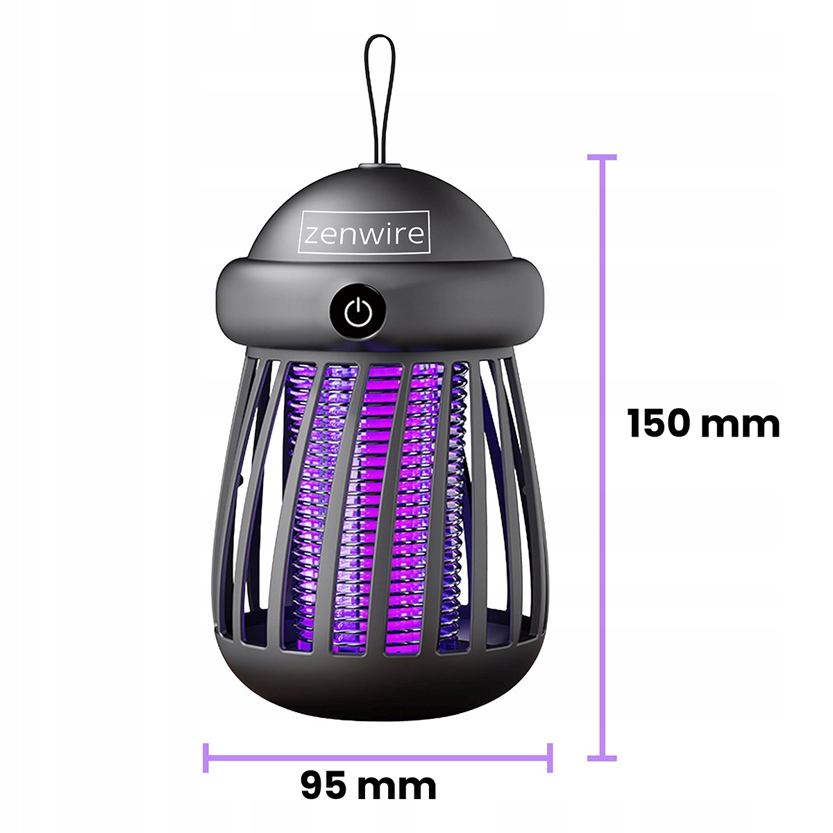 Czarna lampa owadobójcza Zenwire z fioletowym światłem UV, wymiary 150x95 mm.