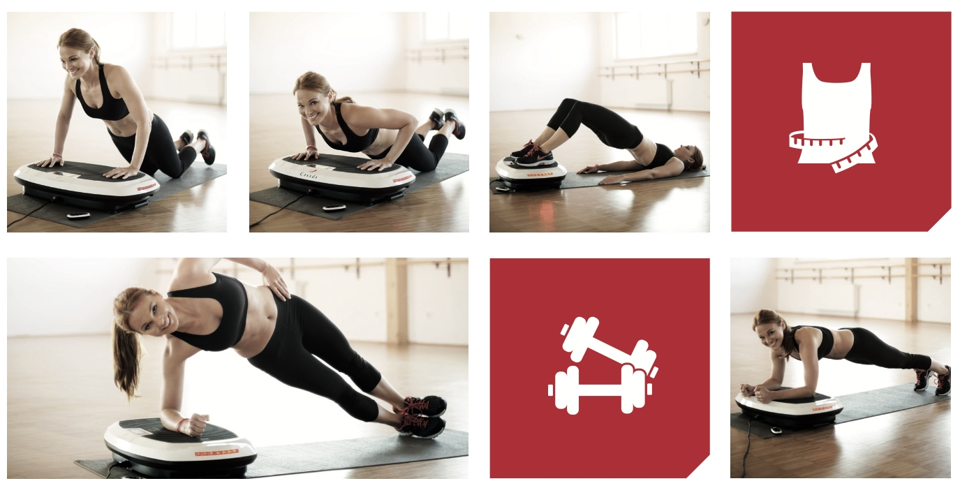 Kobieta w odzieży sportowej wykonuje różne ćwiczenia fitness na platformie wibracyjnej w jasnym pokoju.