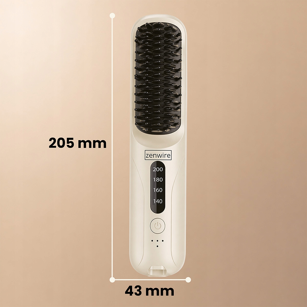 Szczotka prostująca Zenwire, biała, dł. 205 mm, szer. 43 mm, z wyświetlaczem temperatury i przyciskami na beżowym tle.