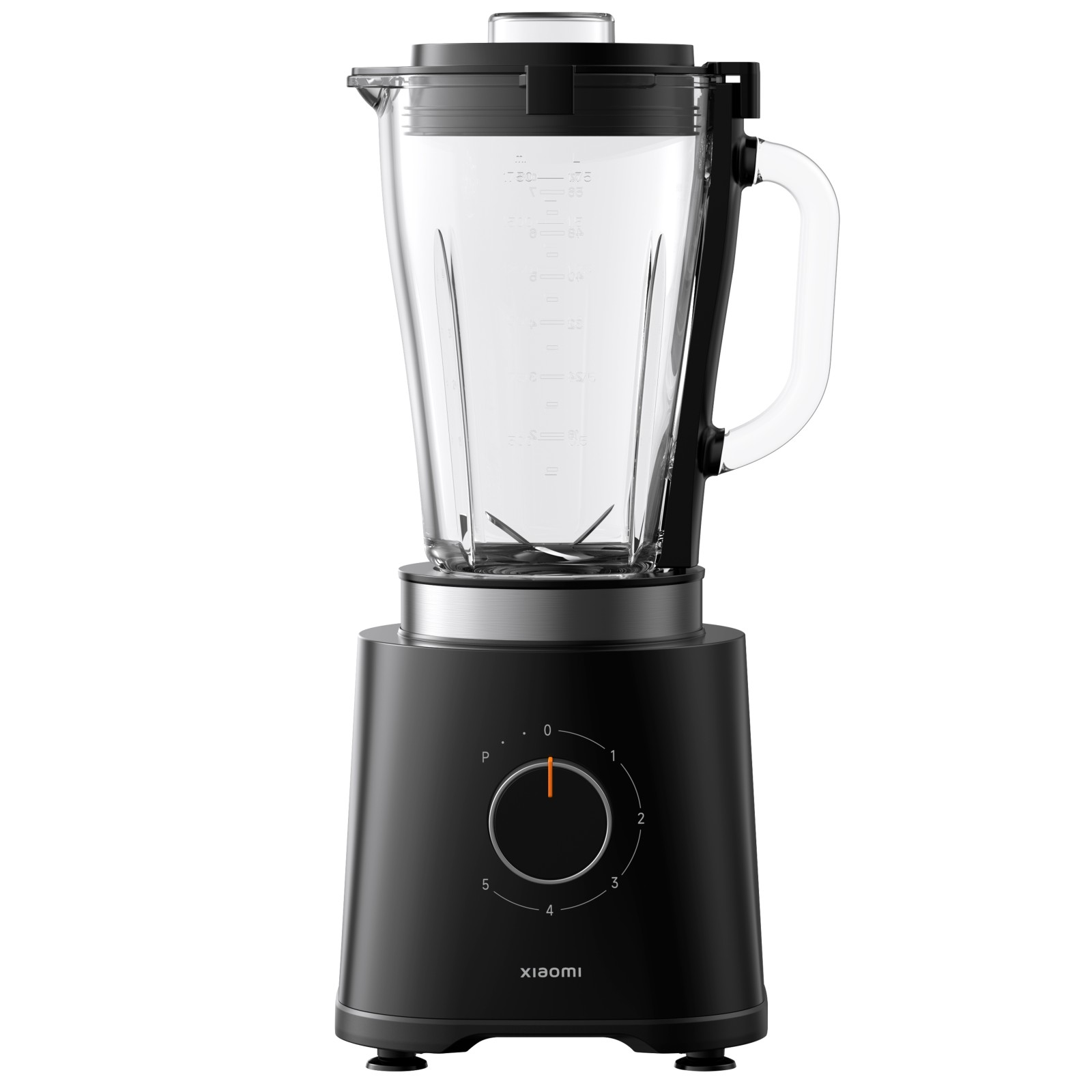 Un frullatore intelligente Xiaomi nero con caraffa in vetro trasparente, dettagli argentati e manopola frontale su sfondo bianco.