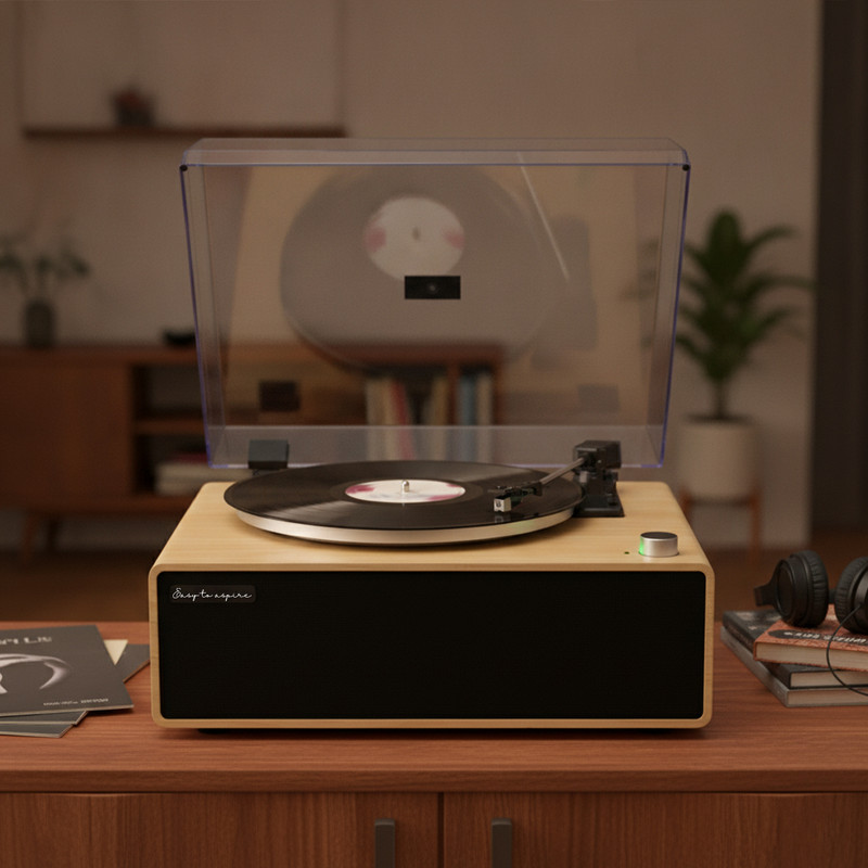 Drewniany gramofon z otwartą pokrywą przeciwpyłową odtwarza płytę winylową na biurku.