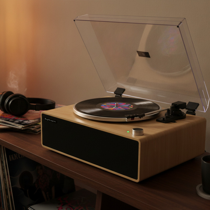 Drewniany gramofon z otwartą akrylową pokrywą stoi na półce obok słuchawek.