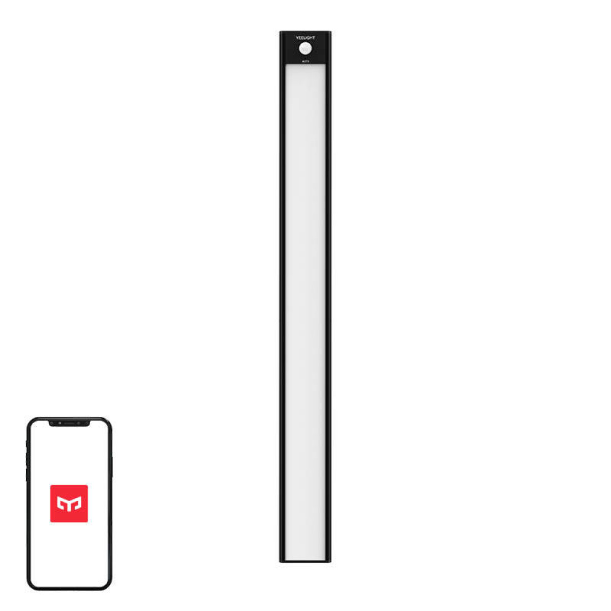Czarna bezprzewodowa lampa LED i smartfon z czerwonym logo.