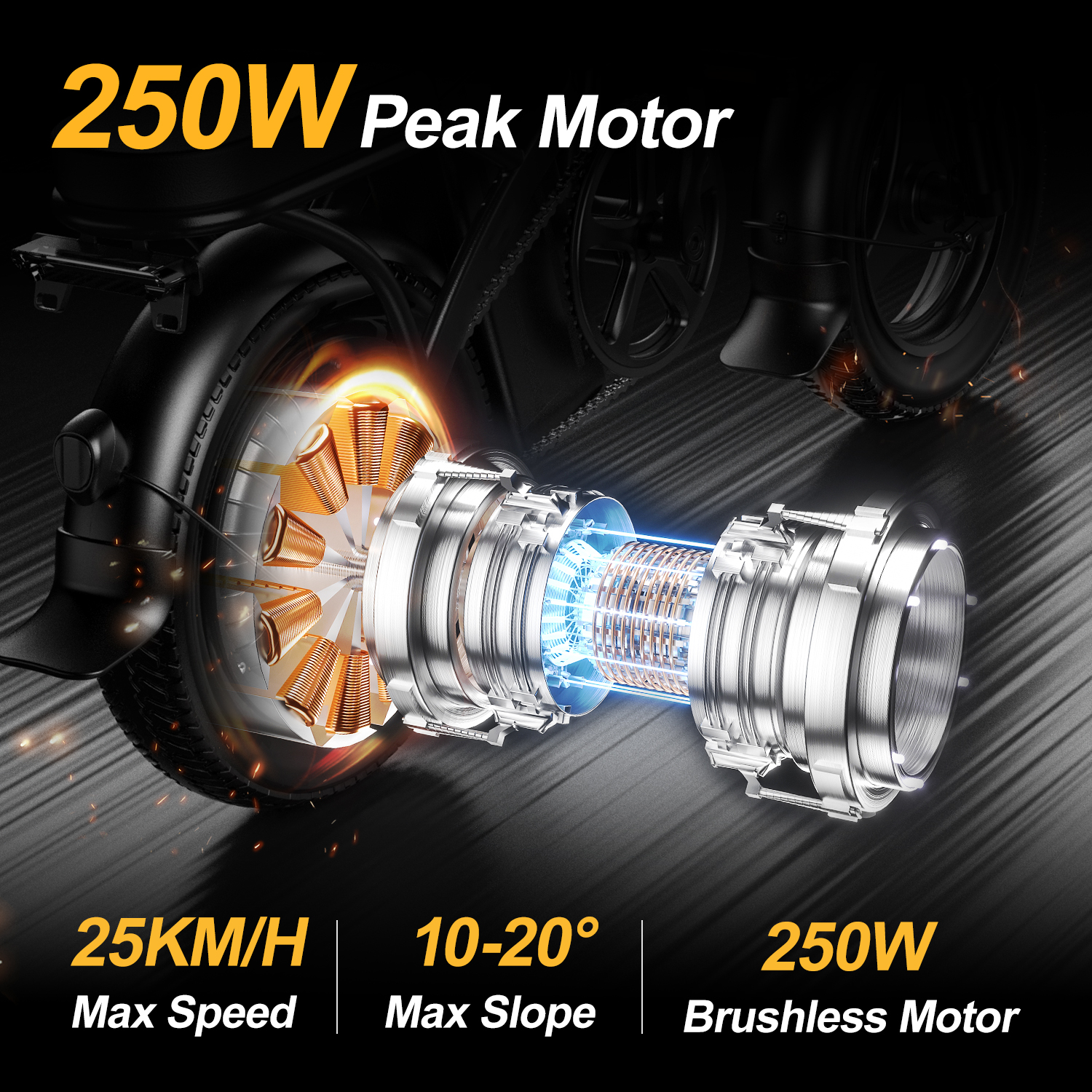 Diagram przedstawia silnik elektryczny 250W, prędkość 25 km/h, nachylenie 10-20 stopni.