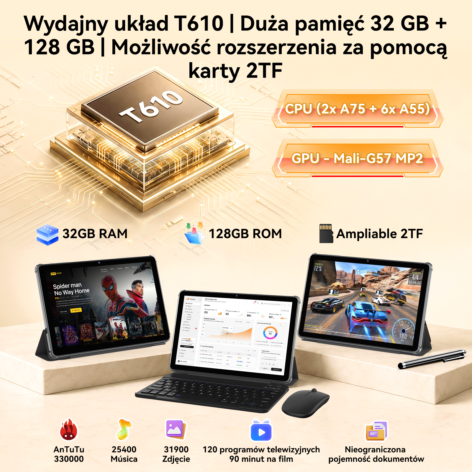 Specyfikacja techniczna tabletu z chipem T610, 32 GB RAM, 128 GB ROM i akcesoriami.