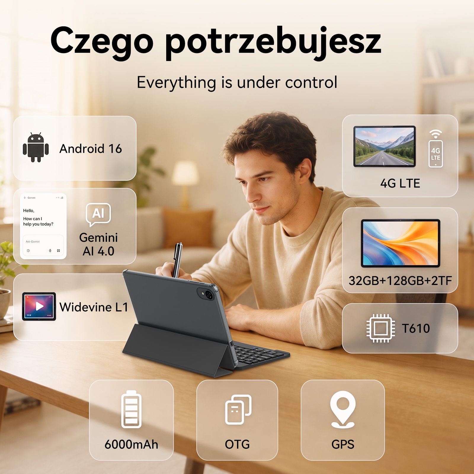 Mężczyzna używający tabletu ze rysikiem przy biurku, otoczony ikonami funkcji.