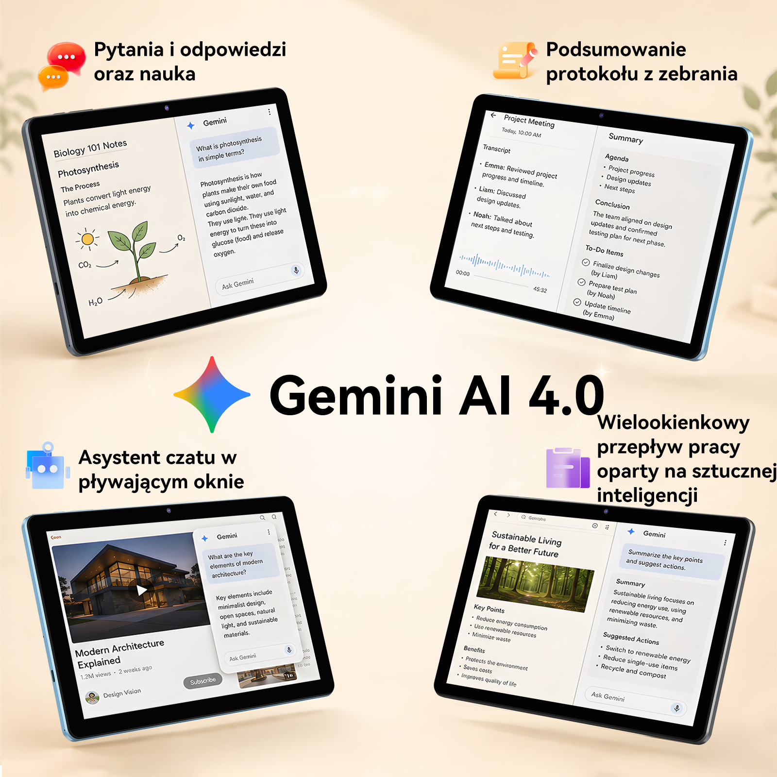 Gemini AI 4.0 przedstawione na czterech tabletach pokazujących różne funkcje wielozadaniowości.