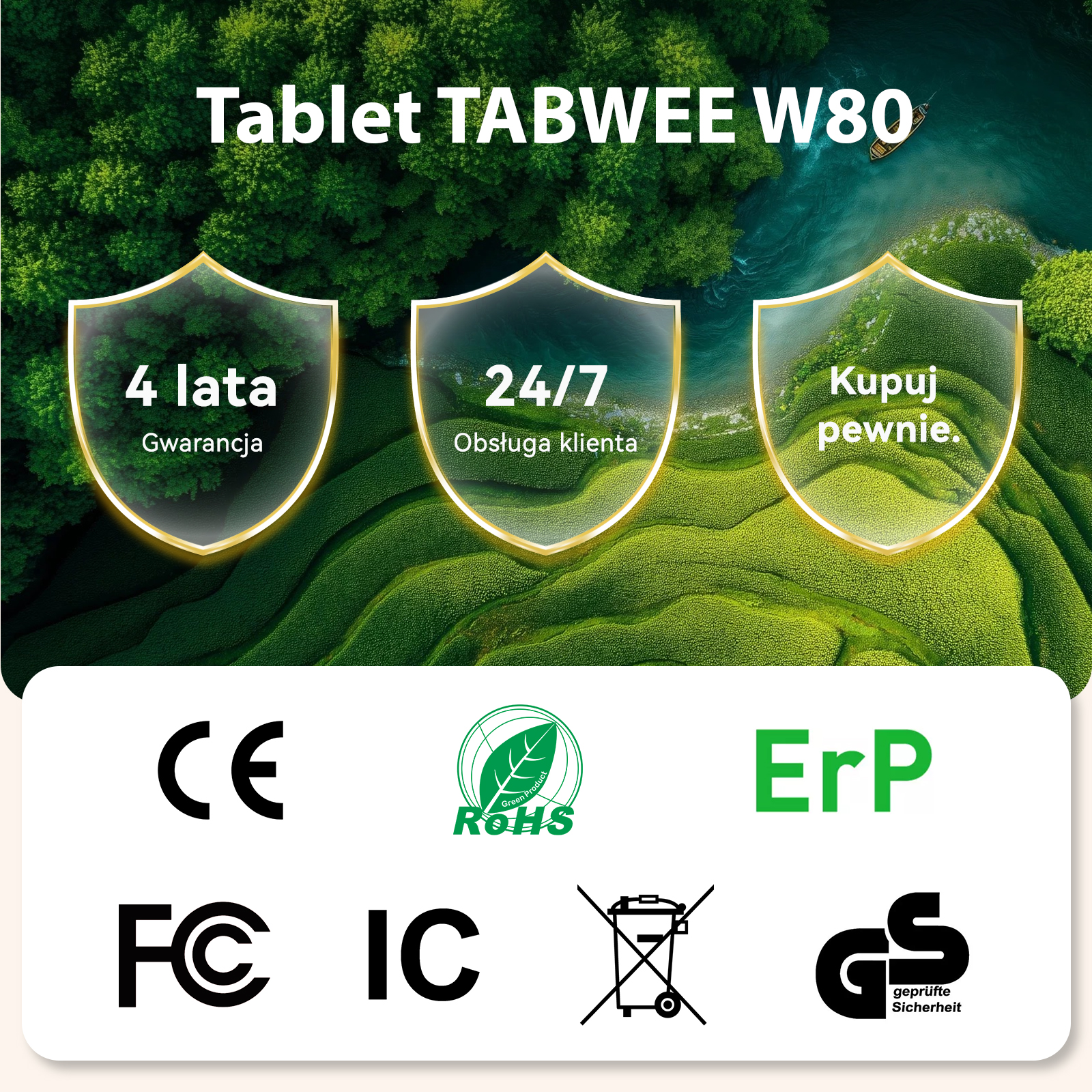 Reklama tabletu TABWEE W80 z trzema tarczami i ikonami certyfikacji.