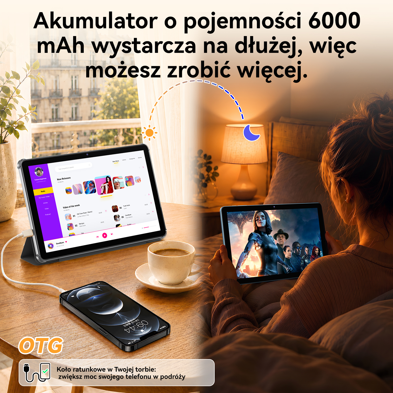 Podzielony ekran ukazuje kobietę w łóżku z tabletem oraz drugą scenę ze smartfonem, filiżanką i tekstem.