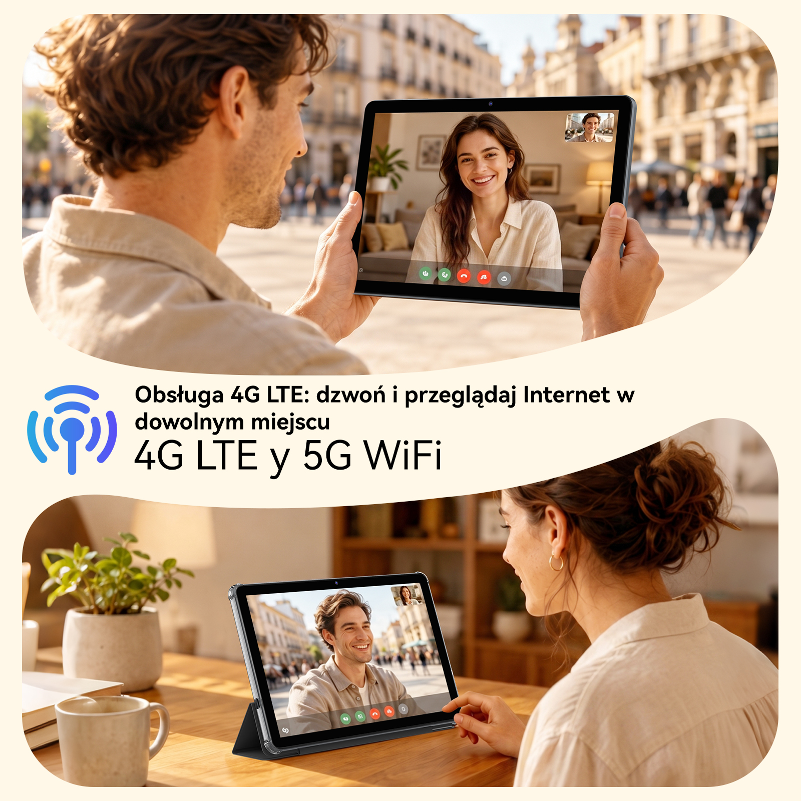 Mężczyzna i kobieta prowadzą wideorozmowę na tablecie w różnych miejscach.