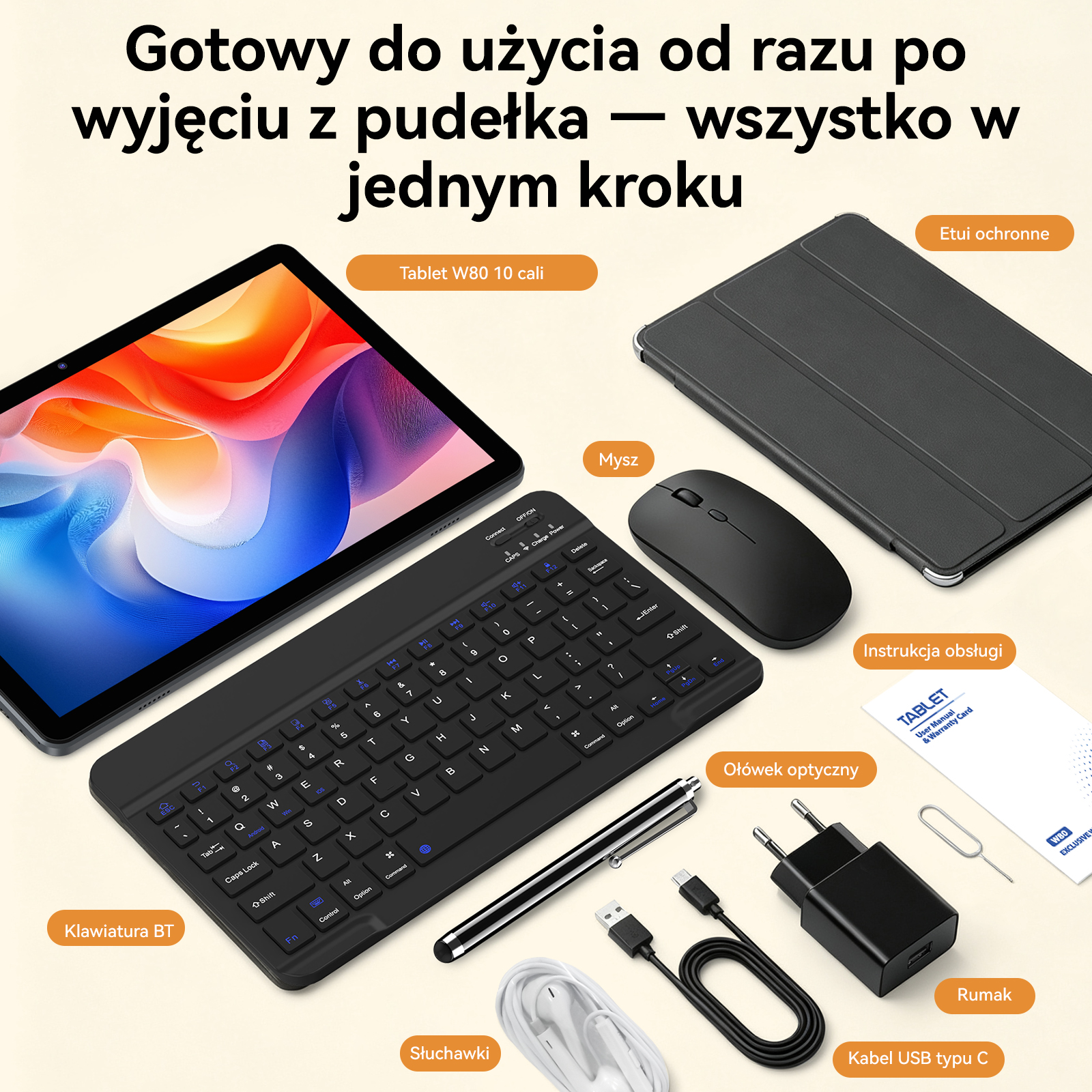 Zestaw z tabletem, klawiaturą BT, myszą, etui, rysikiem, słuchawkami, kablami, ładowarką i instrukcją.