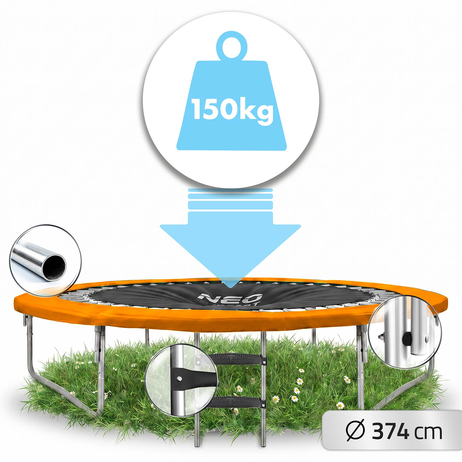 Trampolino con diametro di 374 cm, capacità di 150 kg, telaio in metallo e dettagli di sicurezza sull'erba.