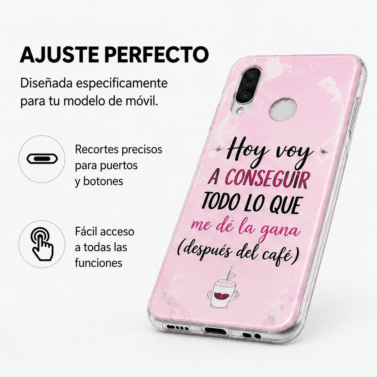 Funda de móvil rosa con texto en español y una taza de café, junto a iconos explicativos.