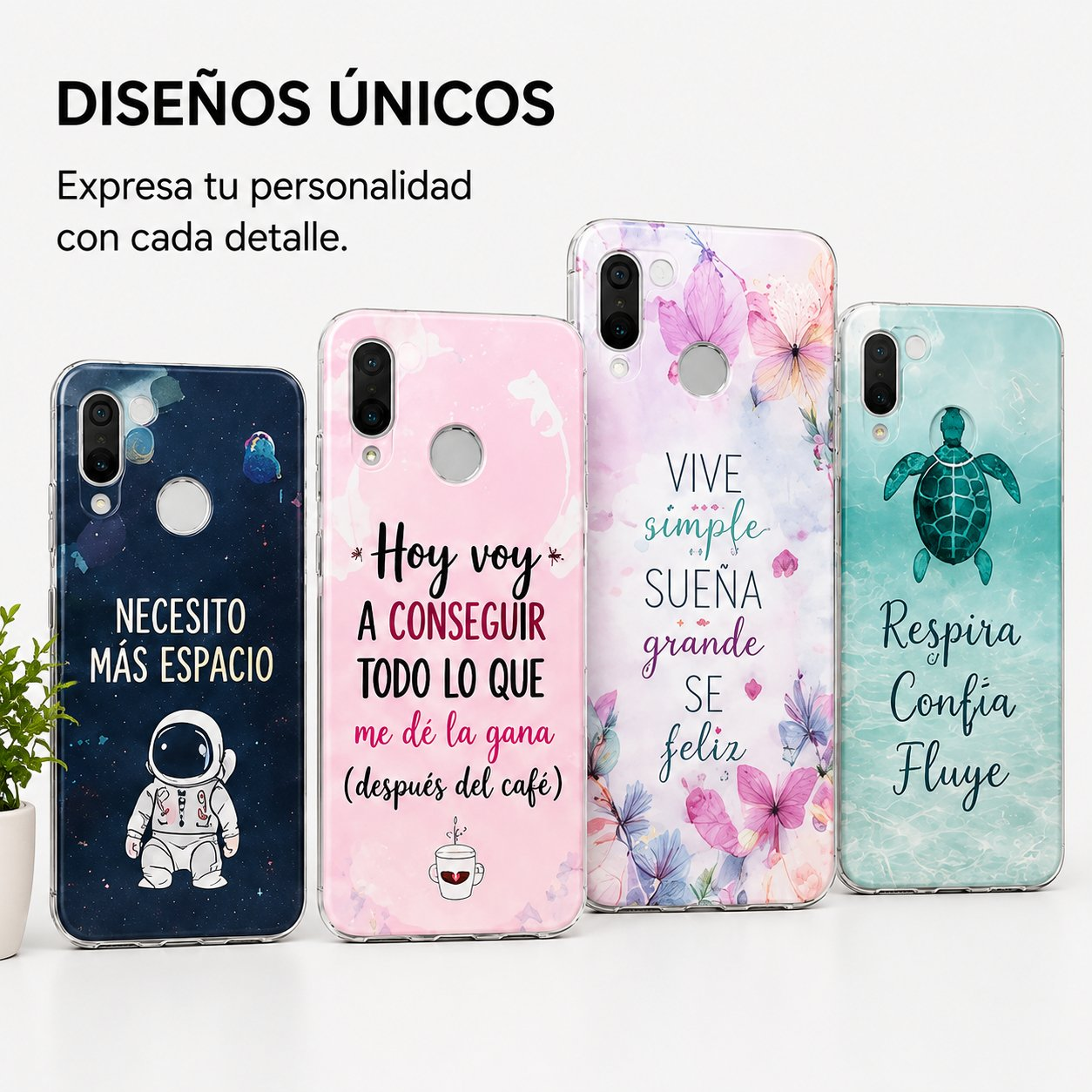 Cuatro teléfonos con diferentes diseños coloridos y textos están de pie uno al lado del otro sobre fondo blanco.