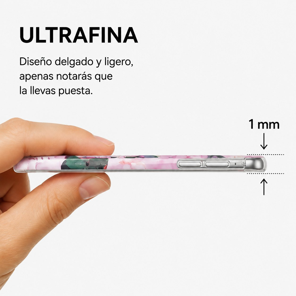 Mano sostiene un smartphone delgado de 1 mm con funda floral.