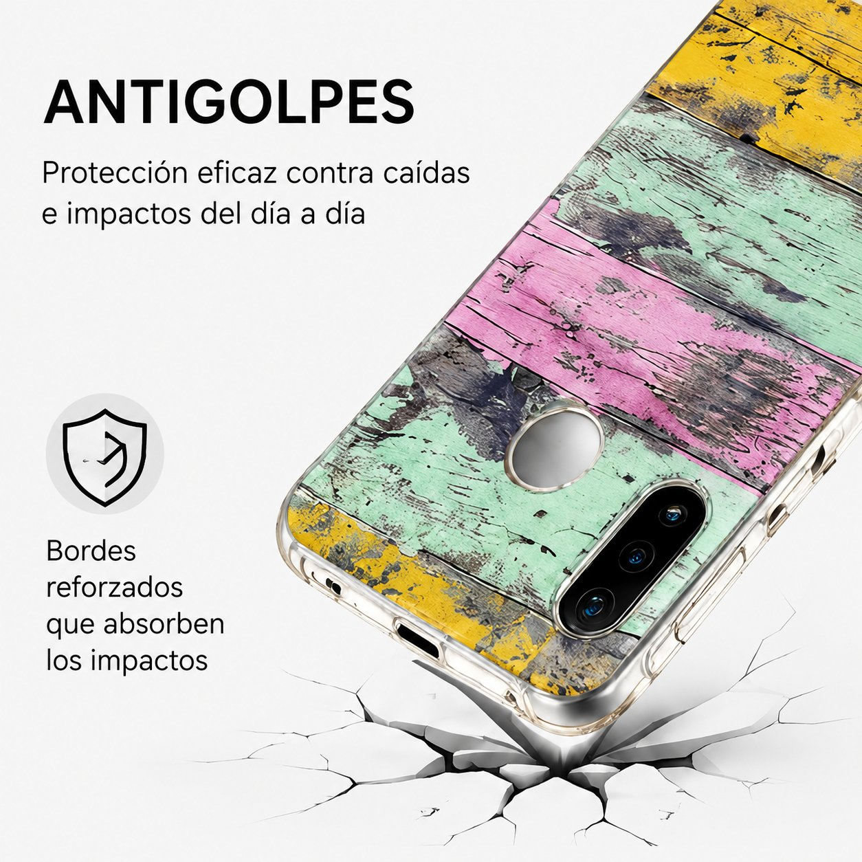 Una funda de móvil con diseño de madera envejecida colorida sobre fondo blanco agrietado.