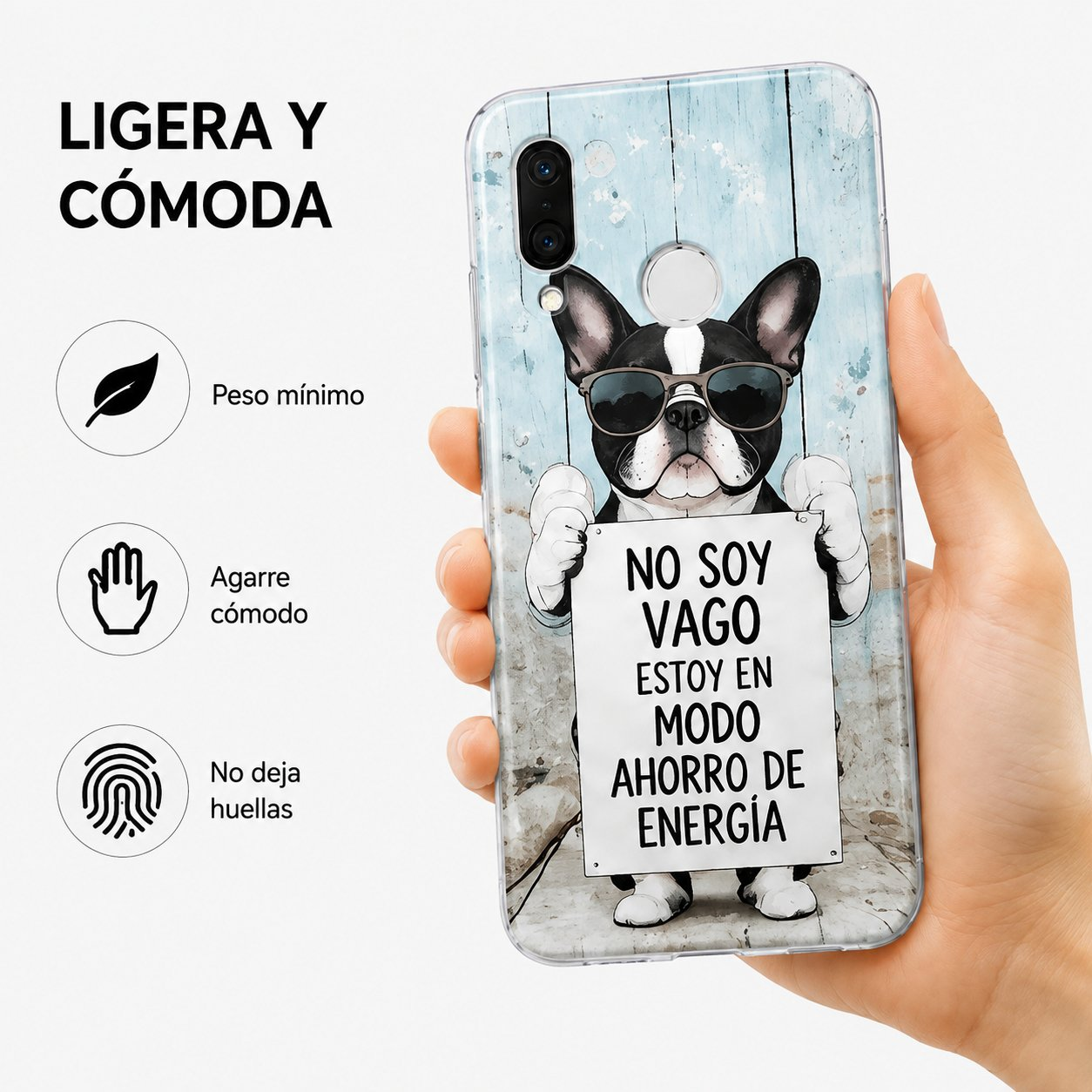 Funda de móvil con un bulldog con gafas de sol y cartel sobre madera azul.