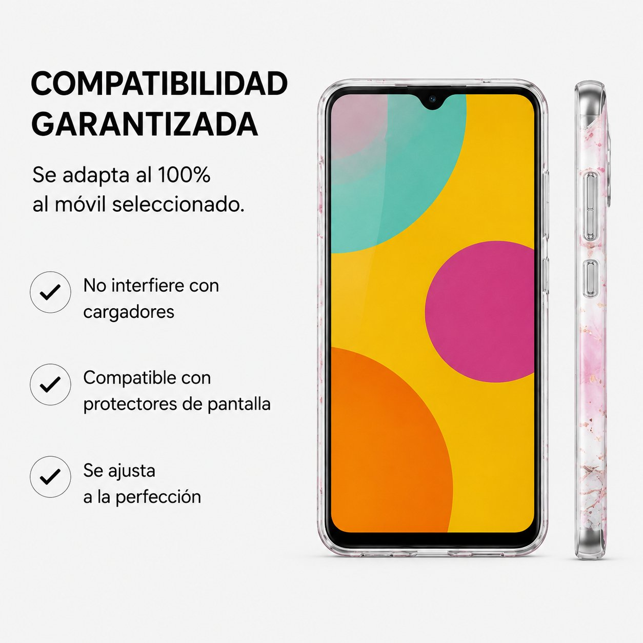 Smartphone con funda de mármol transparente y texto de compatibilidad en español.