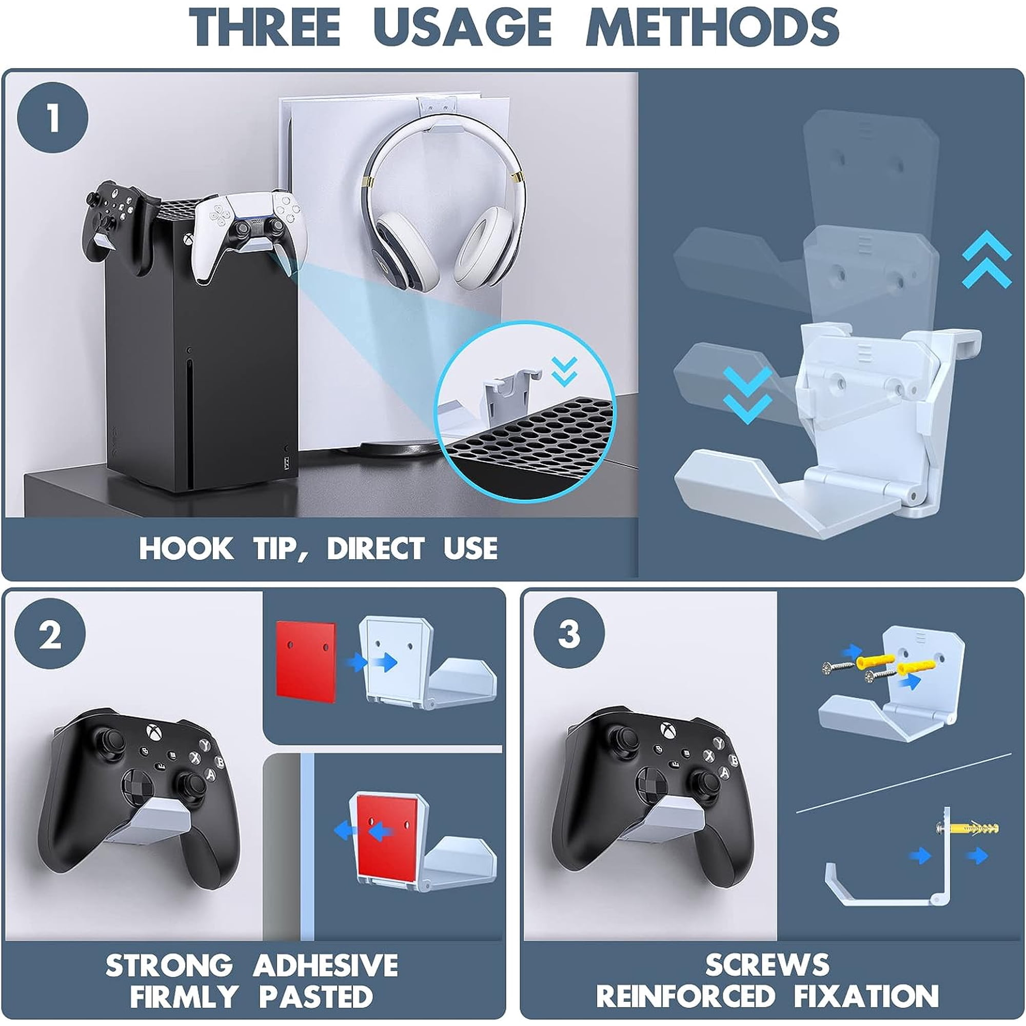 Diagramm zeigt drei Methoden zur Verwendung eines Halgers für Controller und Headsets: Haken, Kleber oder Schrauben.