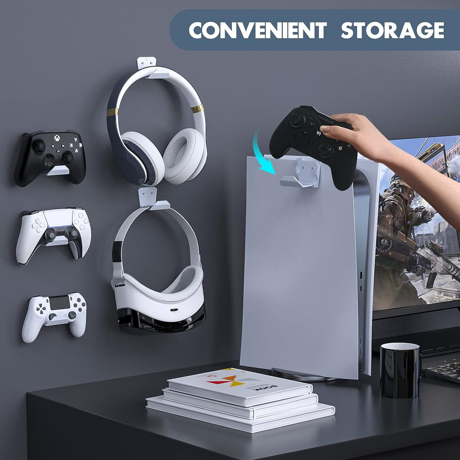 Wandhalterungen für Controller und Headsets neben einer Konsole.