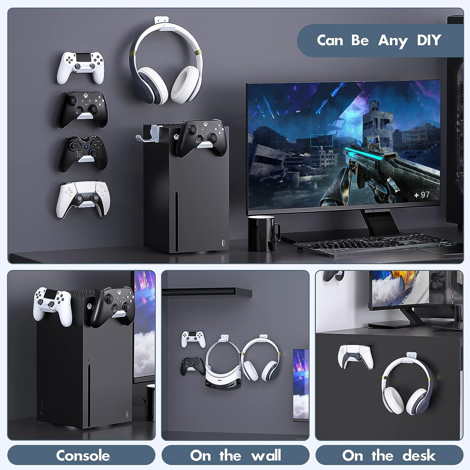Spielesetup mit Konsole, Bildschirm, Controllern und Headsets, die an der Wand oder am Tisch hängen.