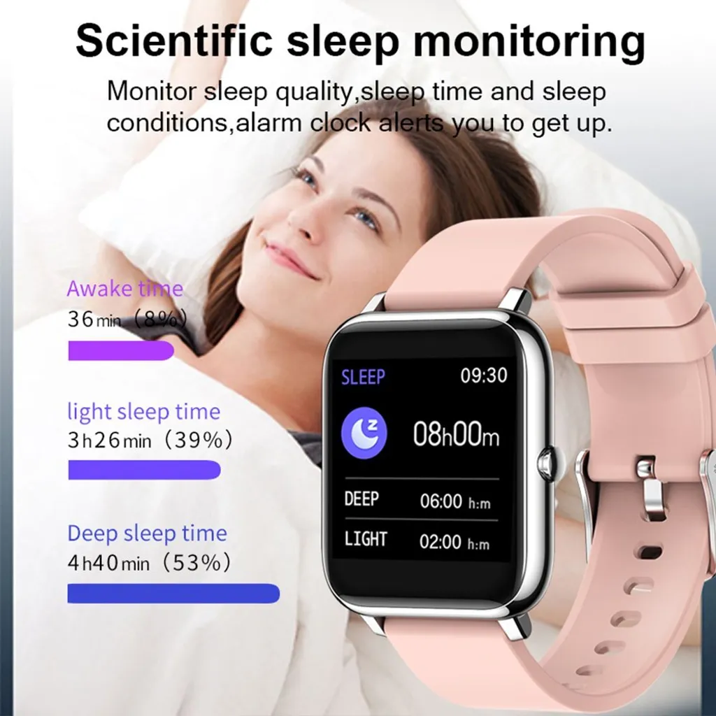 Rosa Smartwatch mit Schlaf-Tracking vor einer Frau im Bett mit Textangaben.