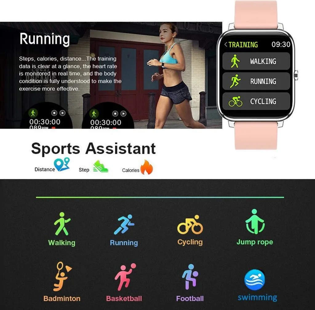 Smartwatch mit rosafarbenem Armband und Symbolen für Gehen, Laufen und Radfahren neben einer läuferin.