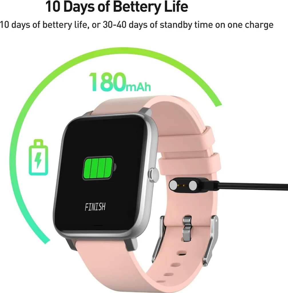 Rosa Smartwatch mit Akku-Anzeige und Ladekabel auf weißem Hintergrund.