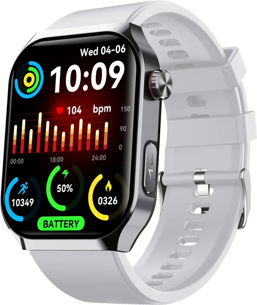 Eine weiße Smartwatch mit rechteckigem Display zeigt Uhrzeit, Herzfrequenz und Aktivitätsdaten.
