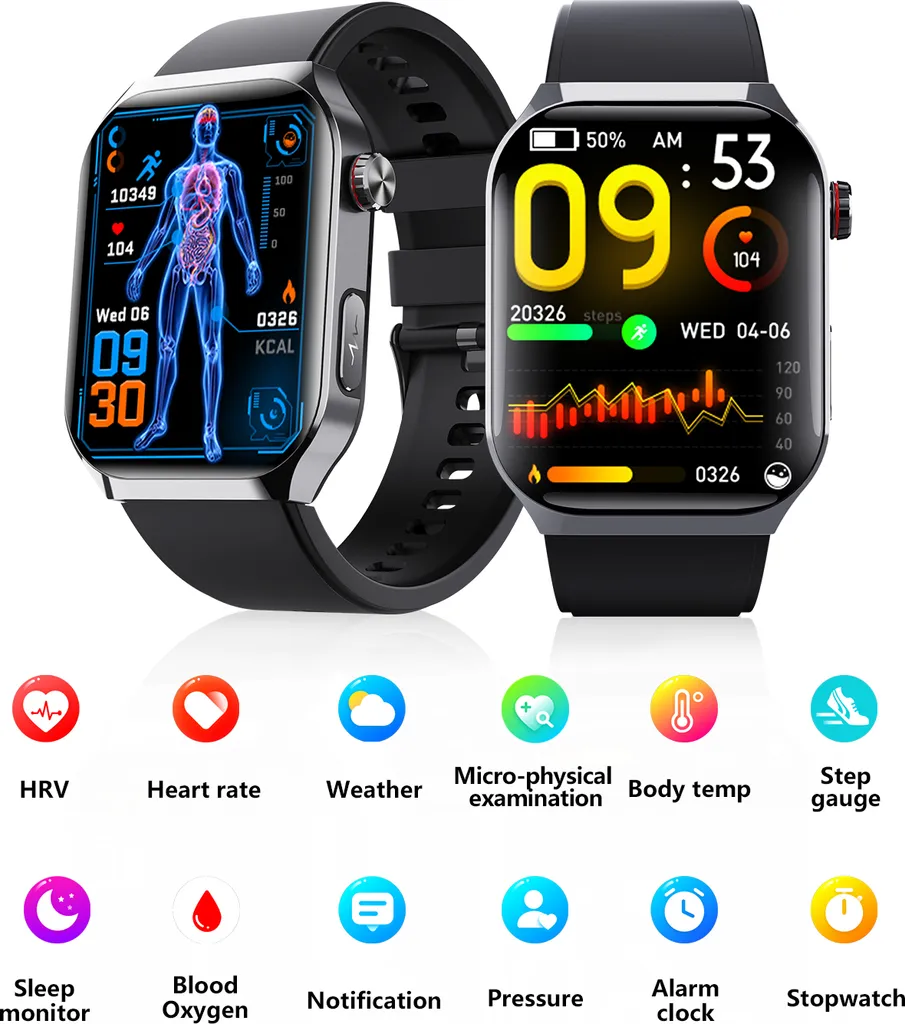 Zwei schwarze Smartwatches mit Gesundheits- und Fitness-Tracking-Displays und Symbolen.