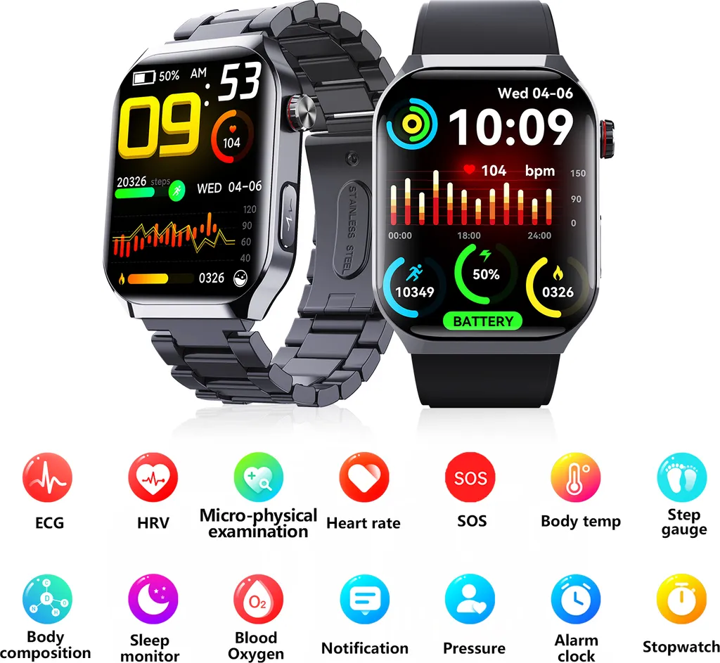 Zwei Smartwatches mit Aktivitätsdaten und Herzfrequenzanzeige, darunter Symbole für verschiedene Gesundheitsfunktionen.