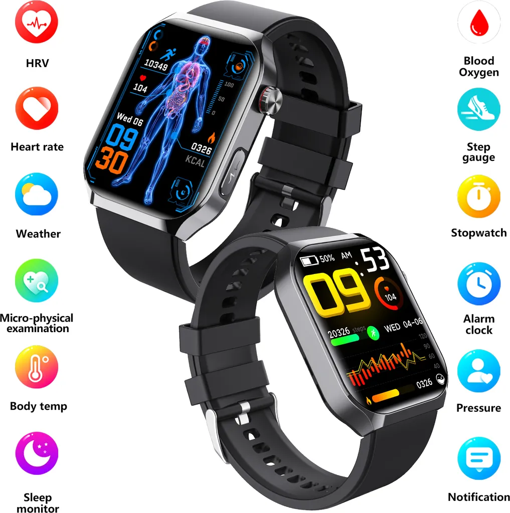 Zwei schwarze Smartwatches mit Gesundheits- und Fitness-Funktionen, umgeben von App-Symbolen.