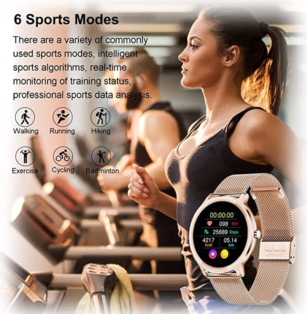 Eine Frau trainiert auf einem Laufband, im Vordergrund eine roségoldene Smartwatch mit Fitnessdaten.