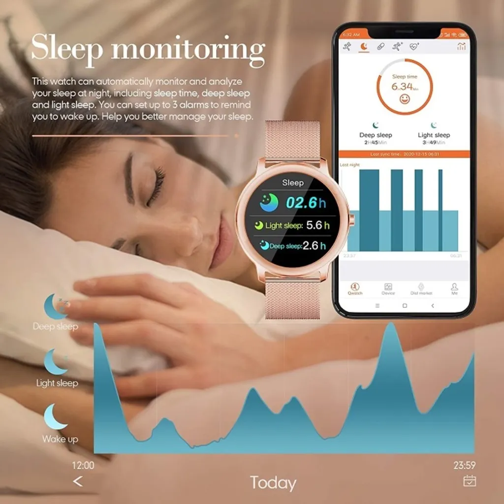 Eine Frau schläft im Bett, dazu ein Smartphone und eine Smartwatch mit Schlafanalyse-App.