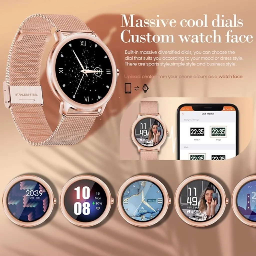Roségoldene Smartwatch mit anpassbaren Zifferblättern und Metallarmband.